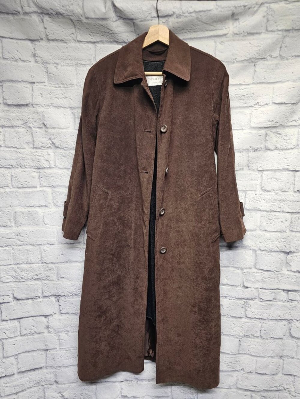 Jones New York Petite 4 S Brown Suede Like Long Wool Zip Removable Lining Trench